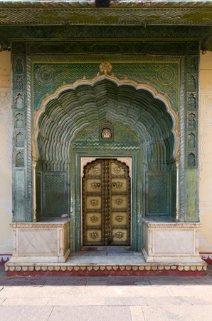 Green Gate in Pitam Niwas Chowk, Jaipur City Palace, Rajasthan, India.のeditorial素材