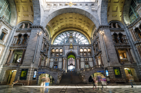 Antwerp, Belgium - May 11, 2015: People in Entrance hall of Antwerp Central station on May 11, 2015 in Antwerp, Belgium. The station is now widely regarded as the finest example of railway architecture in Belgium.のeditorial素材