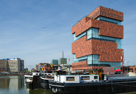 Antwerp, Belgium - May 10, 2015: Museum aan de Stroom (MAS) along the river Scheldt in the Eilandje district of Antwerp, Belgium, on May 10, 2015. Opened in May 2011, is the largest museum in Antwerp.のeditorial素材