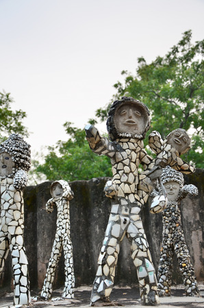 Chandigarh, India - January 4, 2015: Rock statues at the rock garden on January 4, 2015 in Chandigarh, India. The rock garden was founded by artist Nek Chand in 1957 and is made completely of recycled waste.のeditorial素材
