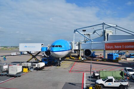 Amsterdam, Netherlands - May 16, 2015: KLM Plane at Schiphol Airport on May 16, 2015 in Amsterdam, Netherlands. The airport handles over 45 million passengers per year with almost 100 airlines flying from here.のeditorial素材