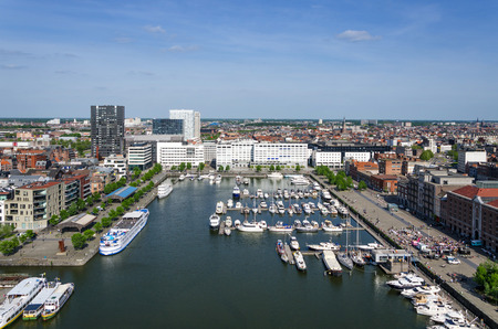 Yachts moored in the Willem Dock pictured from the Museum aan de Stroom in Antwerp, Belgium.のeditorial素材