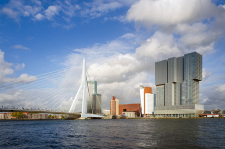 Erasmus Bridge with Skyscraper in Rotterdam, The Netherlands.のeditorial素材