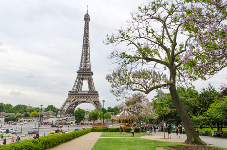 Paris, France - May 15, 2015: Tourist visit Eiffel Tower View from Esplanade du Trocadero on May 15, 2015. This spot at the Esplanade du Trocadero has the best view of the iconic landmark and attracts huge crowds daily.のeditorial素材