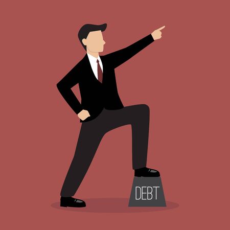 Businessman pointing up and step over debt text. Business conceptのイラスト素材