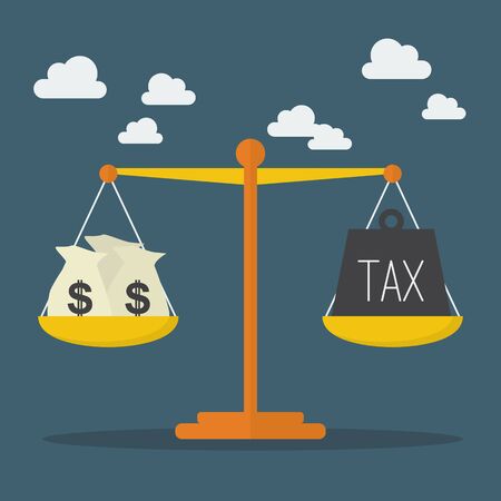 Money and Tax balance on the scale. Business Conceptのイラスト素材