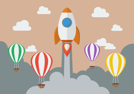 Rocket launching over the hot air balloons. Business competition concept. Flat Designのイラスト素材