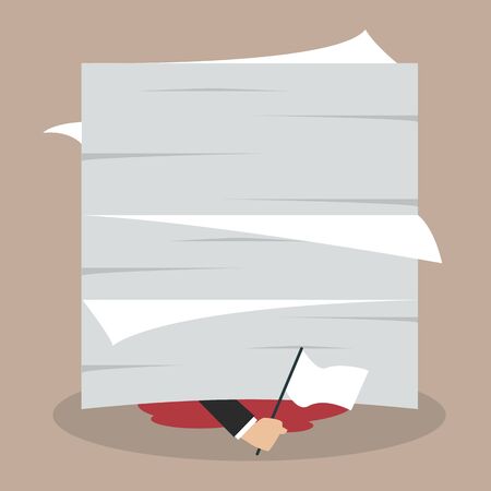 Businessman surrender show the white flag under a lot of documents. Business conceptのイラスト素材