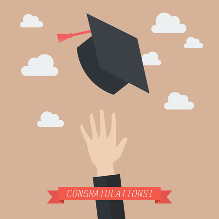 Hand of graduate throwing graduation hats in the air. Concept of educationのイラスト素材