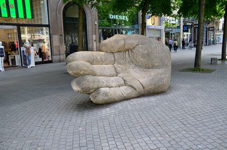 Antwerp, Belgium - May 10, 2015: Giant Hand statue on Meir street, The main shopping street in Antwerp, Belgiumのeditorial素材