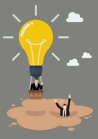 Businessman in lightbulb balloon get away from quicksand. Business conceptのイラスト素材