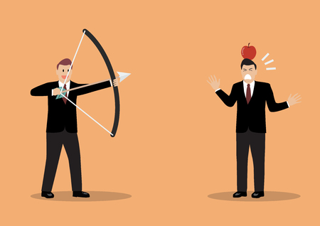 Businessman aiming to shoot at apple on colleague head. Business risk conceptのイラスト素材