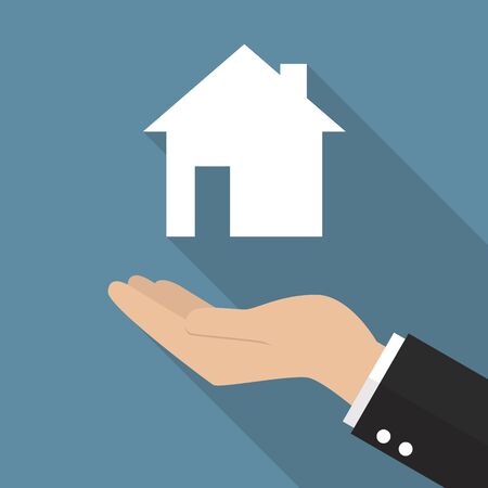Hand holding house icon. Real estate conceptのイラスト素材
