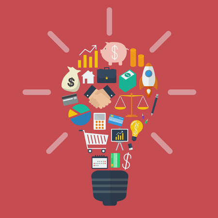 Light bulb with colorful business icons. Vector Illustrationのイラスト素材