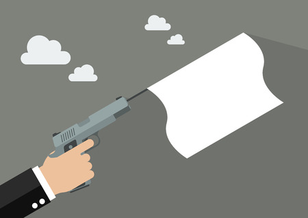 Hand holding handgun with a white flag. Flat style designのイラスト素材