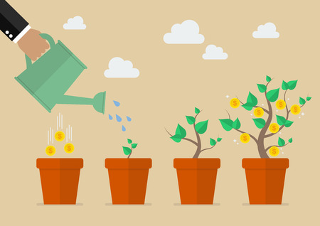 Hand with can watering money tree. Financial growth concept.のイラスト素材
