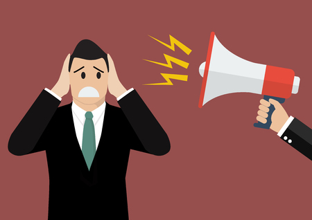 Hand hold megaphone screaming to businessman. Business conceptのイラスト素材