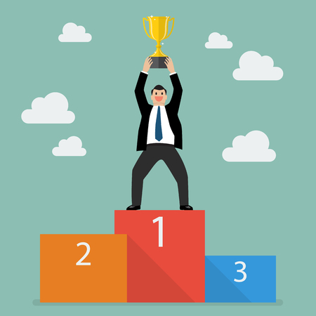Winner businessman with winning trophy stand on a podiumのイラスト素材