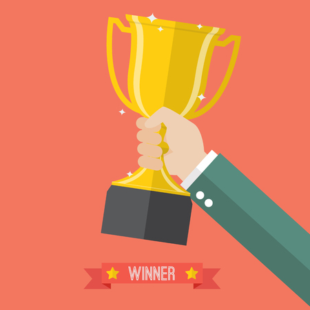 Businessman holding up a champion trophy. Business conceptのイラスト素材