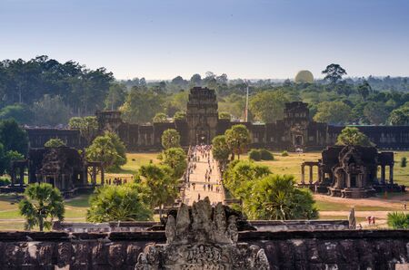 Aerial view of main entrance at Angkor Wat in Siem Reap, Cambodiaの写真素材