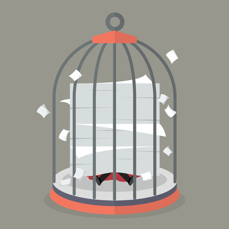 Businessman under a lot of documents in bird cage. Business conceptのイラスト素材
