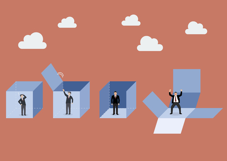 Businessman is getting out of the box. Business metaphorのイラスト素材