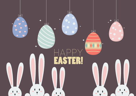 Colorful hanging easter eggs with bunnies. greeting cardのイラスト素材