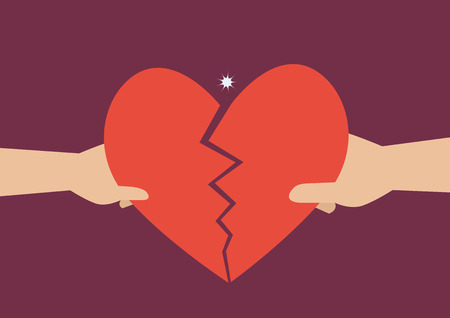 Hand of a man and woman tearing apart heart symbol. Flat style designのイラスト素材