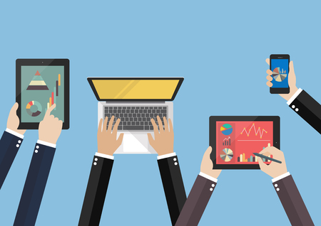 Hands hold device electronics gadget. laptop phone tablet flat vector illustrationのイラスト素材