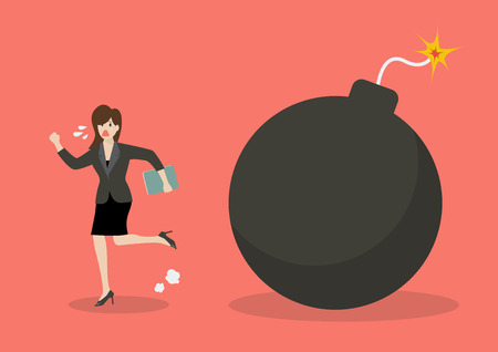 Business woman run away from bomb. Business finance conceptのイラスト素材