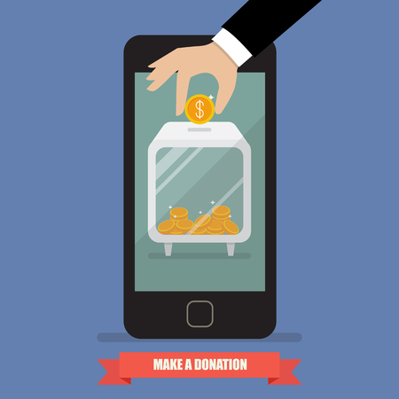 Hand donating money by online payments . Flat style designのイラスト素材