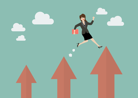 Business woman jumping up to a higher arrow. Business conceptのイラスト素材