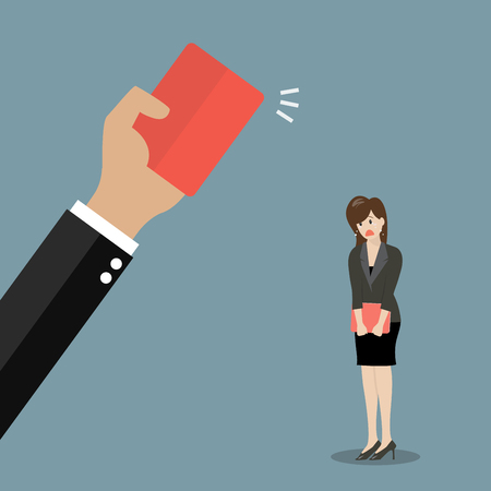 Hand of boss showing a red card to woman employee. Business conceptのイラスト素材