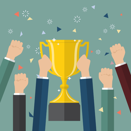 Businessman holding up a winning trophy. Business conceptのイラスト素材