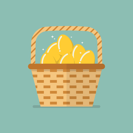 Golden eggs in wicker basket flat iconのイラスト素材