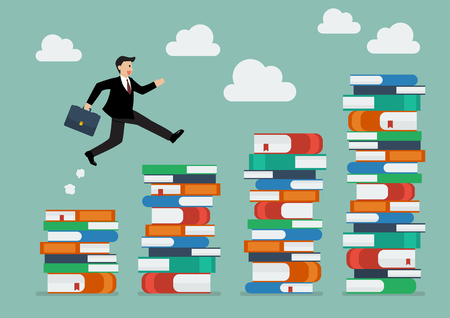Businessman jumping over higher stack of books. Business education conceptのイラスト素材
