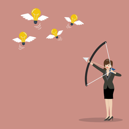 Business woman with a bow and arrow hitting the light bulb fly. Business conceptのイラスト素材