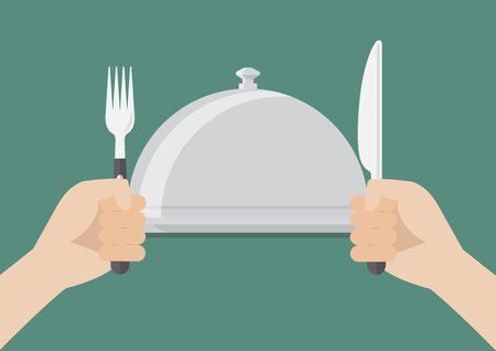 Knife and fork cutlery in hands with serving tray. Vector illustrationのイラスト素材