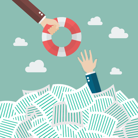 Drowning businessman getting lifebuoy. Overwork conceptのイラスト素材