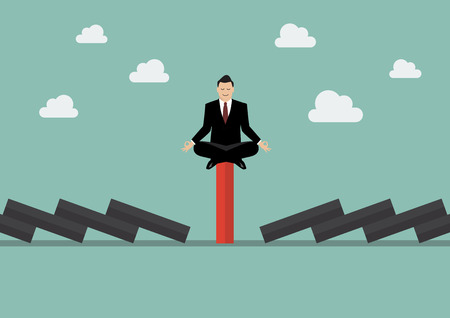 Businessman meditating on unique red domino tile among falling black dominoes. Be different conceptのイラスト素材