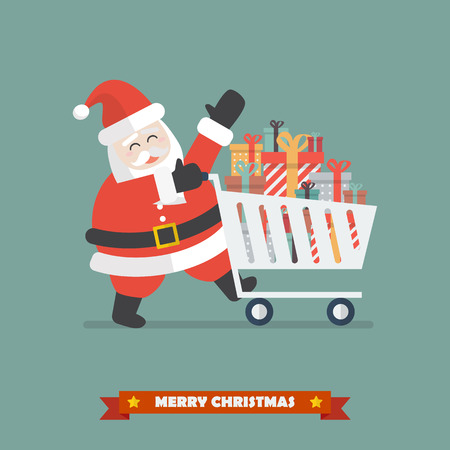 Santa claus push a shopping cart with piles of presents. Vector illustrationのイラスト素材