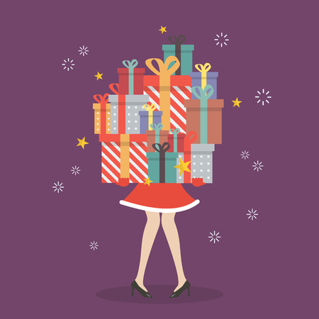 Santa woman holding a pile of gift boxes. vector illustrationのイラスト素材