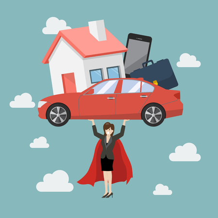 Business woman superhero carrying debt burden. Business conceptのイラスト素材