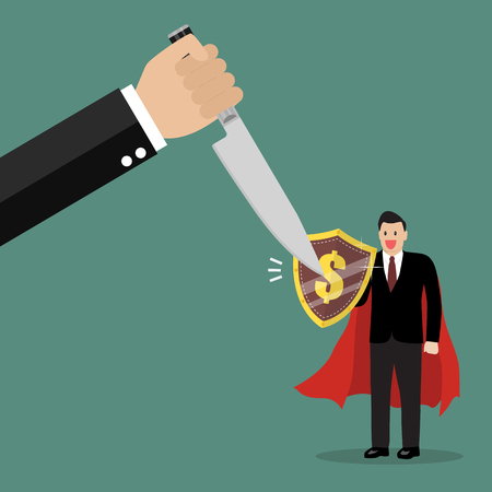 Businessman with shield protecting from big knife. Business conceptのイラスト素材