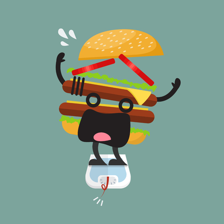 Overweight burger character on weight scale - healthy conceptのイラスト素材