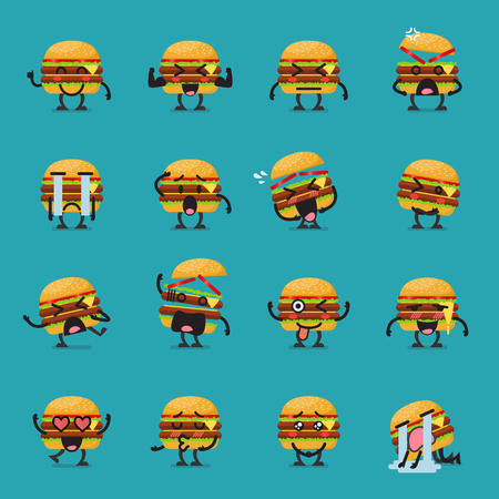 Burger character emoji set. Vector illustrationのイラスト素材