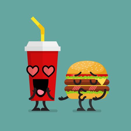 Fast food fall in love. Burger kissing soft dink characterのイラスト素材