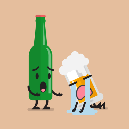 Beer bottle soothes sad glass of beer character. Funny cartoon emoticonsのイラスト素材