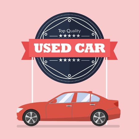 Used car with banner. Flat style vector illustrationのイラスト素材