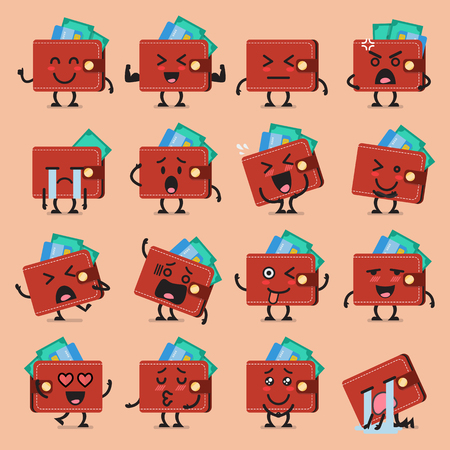 Wallet character emoji set. Funny cartoon emoticonsのイラスト素材